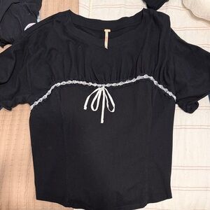 Free People Black Top with White Lace Trim